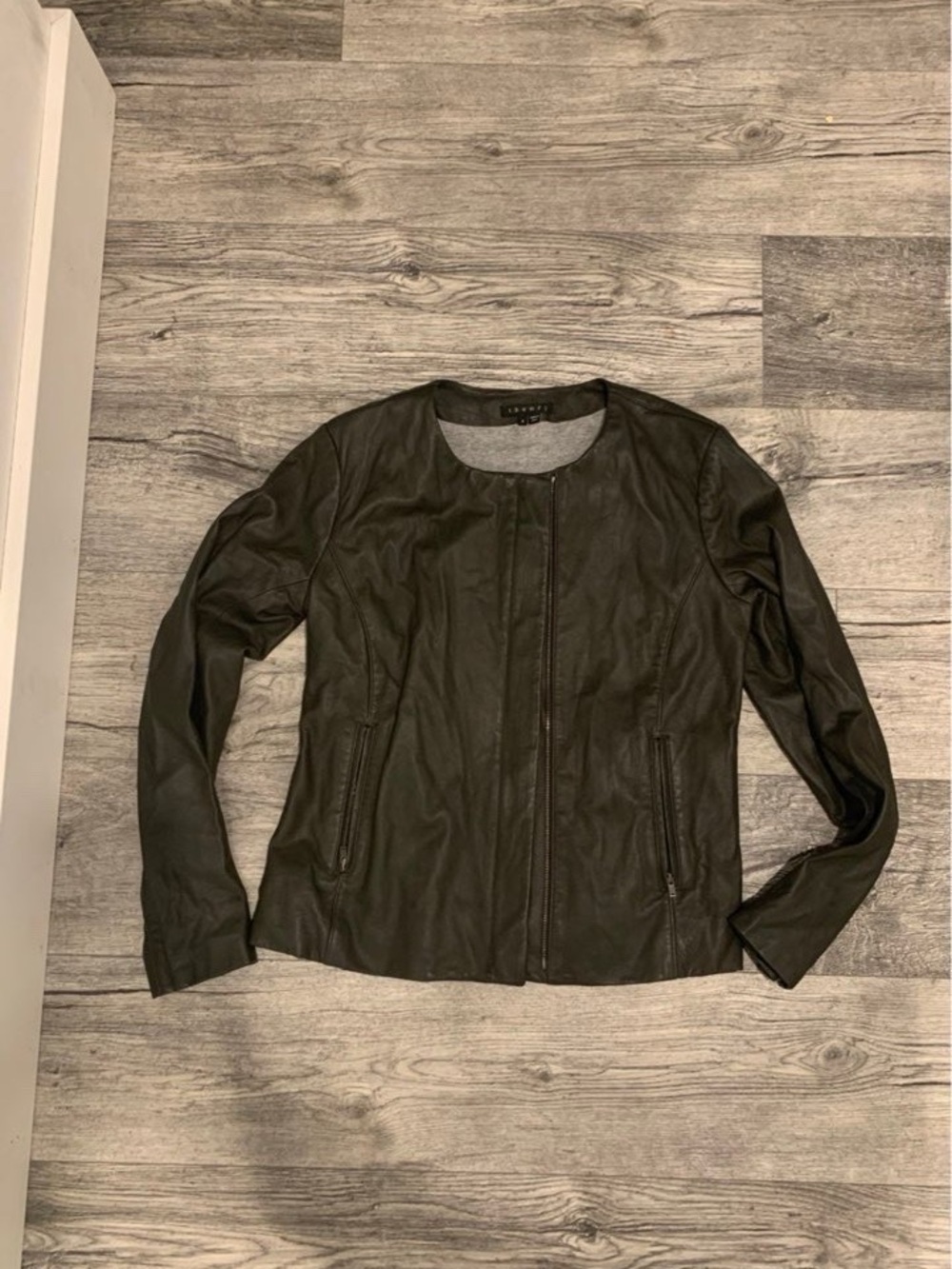 Theory Black Leather Crewneck Jacket